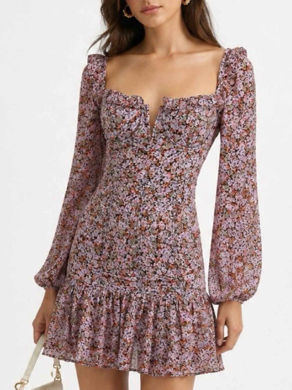 ASTR The Label Carmella Floral Square-Neck Long-Sleeve Mini Dress Size XS